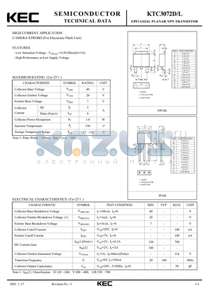 KTC3072D datasheet - EPITAXIAL PLANAR NPN TRANSISTOR (HIGH CURRENT CAMERA STROBO)