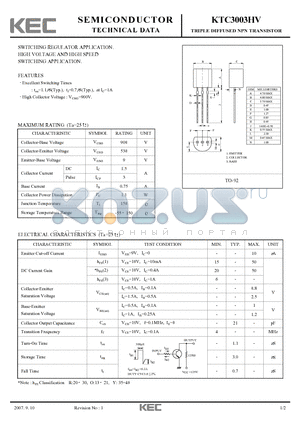 KTC3003HV datasheet - TRIPLE DIFFUSED NPN TRANSISTOR HIGH VOLTAGE AND HIGH SPEED SWITCHING APPLICATION