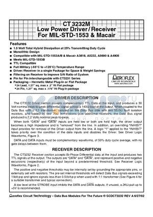 CT3232MFP datasheet - Low Power Driver /Receiver For MIL-STD-1553 & Macair