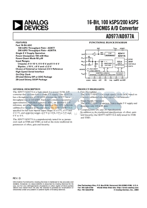 AD977ABN datasheet - 16-Bit, 100 kSPS/200 kSPS BiCMOS A/D Converter