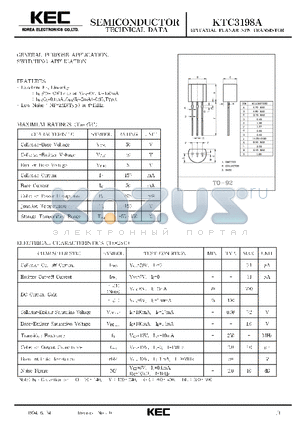KTC3198A datasheet - EPITAXIAL PLANAR NPN TRANSISTOR (GENERAL PURPOSE, SWITCHING)