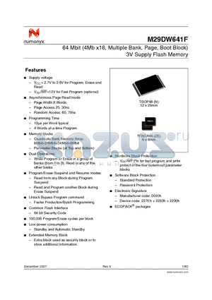 M29DW641F90N1F datasheet - 64 Mbit (4Mb x16, Multiple Bank, Page, Boot Block) 3V Supply Flash Memory