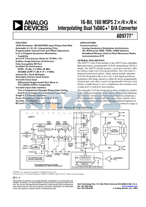 AD9777EB datasheet - 16-Bit, 160 MSPS 2X/4X/8X  Interpolating Dual TxDAC D/A Converter