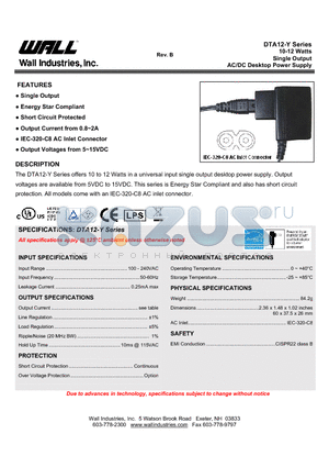 DTAF1275-Y datasheet - 10-12 Watts Single Output AC/DC Desktop Power Supply