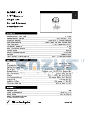 62BR1KLF datasheet - 1/4 Diameter Single Turn Cermet Trimming Potentiometer