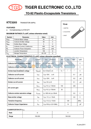 KTC3203 datasheet - TO-92 Plastic-Encapsulate Transistors (NPN)