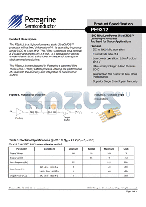 9312-11 datasheet - 1500 MHz Low Power UltraCMOS Divide-by-4 Prescaler Rad hard for Space Applications