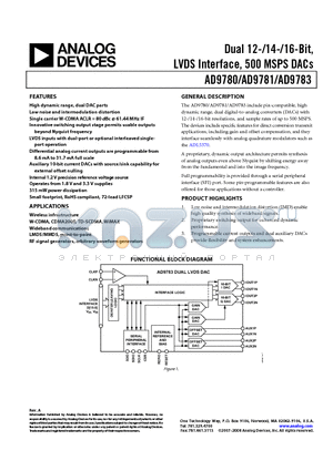 AD9780 datasheet - Dual 12-/14-/16-Bit, LVDS Interface, 500 MSPS DACs