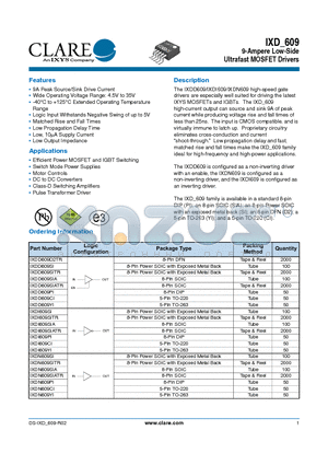 IXD_609 datasheet - 9-Ampere Low-Side Ultrafast MOSFET Drivers