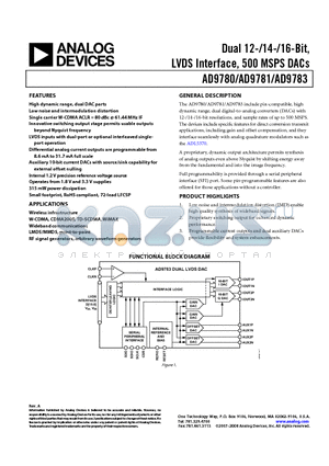 AD9783BCPZRL datasheet - Dual 12-/14-/16-Bit, LVDS Interface, 500 MSPS DACs