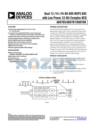 AD9785BSVZ datasheet - Dual 12-/14-/16-Bit 800 MSPS DAC with Low Power 32-Bit Complex NCO