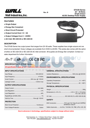 DTAK3624-X datasheet - 20 ~ 30 Watts Single Output AC/DC Desktop Power Supply