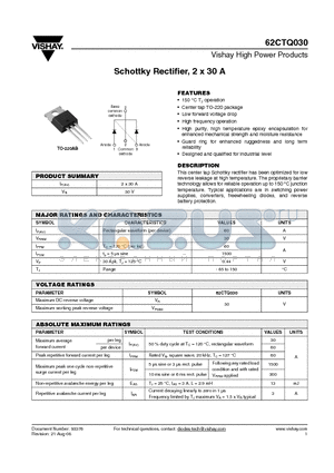 62CTQ030 datasheet - Schottky Rectifier, 2 x 30 A
