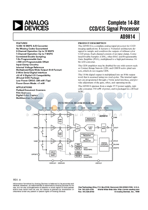 AD9814KR datasheet - Complete 14-Bit CCD/CIS Signal Processor