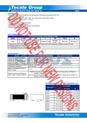 932A-100/102TR2824A datasheet - SURFACE MOUNT FILM PET HIGH CV