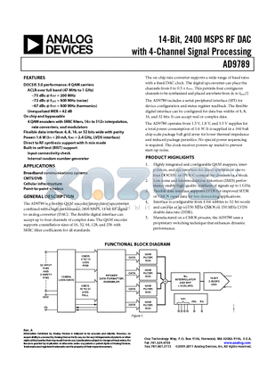 AD9789BBC datasheet - 14-Bit, 2400 MSPS RF DAC with 4-Channel Signal Processing