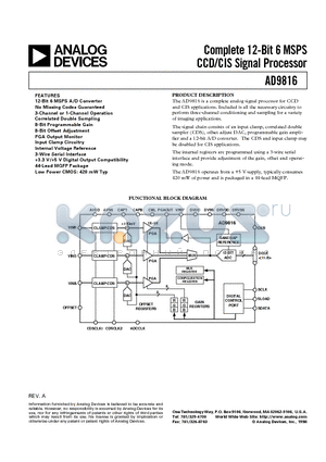AD9816JS datasheet - Complete 12-Bit 6 MSPS CCD/CIS Signal Processor