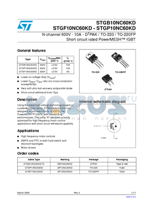 GB10NC60KD datasheet - N-channel 600V - 10A - D2PAK / TO-220 / TO-220FP Short circuit rated PowerMESH IGBT