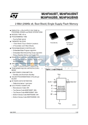 M29F002BB120P3T datasheet - 2 Mbit 256Kb x8, Boot Block Single Supply Flash Memory