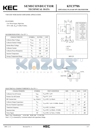 KTC3770S datasheet - EPITAXIAL PLANAR NPN TRANSISTOR (VHF/UHF WIDE BAND AMPLIFIER)
