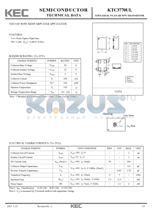 KTC3770UL datasheet - EPITAXIAL PLANAR NPN TRANSISTOR VHF/UHF WIDE BAND AMPLIFIER APPLICATION