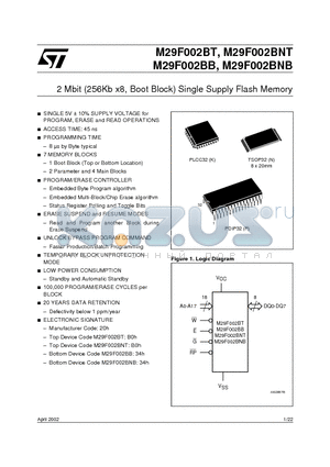 M29F002BB45P1 datasheet - 2 Mbit 256Kb x8, Boot Block Single Supply Flash Memory