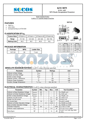 KTC3875 datasheet - 0.15A , 60V NPN Plastic Encapsulated Transistor