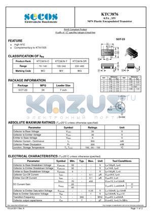 KTC3876 datasheet - 0.5A , 35V NPN Plastic Encapsulated Transistor