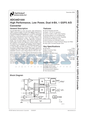 ADC08D1000 datasheet - High Performance, Low Power, Dual 8-Bit, 1 GSPS A/D Converter