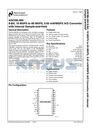 ADC08L060CIMTX datasheet - 8-Bit, 10 MSPS to 60 MSPS, 0.65 mW/MSPS A/D Converter with Internal Sample-and-Hold
