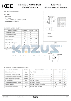 KTC4072E datasheet - EPITAXIAL PLANAR NPN TRANSISTOR (SWITCHING)