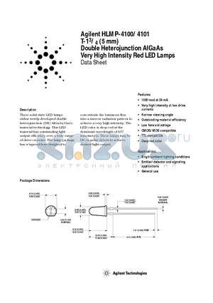 HLMP-4100-PY000 datasheet - T-1 3/4 (5 mm) Double Heterojunction AlGaAs Very High Intensity Red LED Lamps