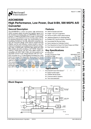 ADC08D500 datasheet - High Performance, Low Power, Dual 8-Bit, 500 MSPS A/D Converter