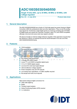 ADC1003S050TS datasheet - Single 10 bits ADC, up to 30 MHz, 40 MHz or 50 MHz, with voltage regulator