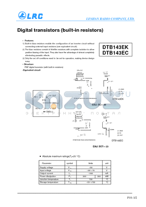 DTB143EC datasheet - Digital transistors(built-in resistors)