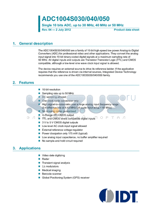 ADC1004S040TS datasheet - Single 10 bits ADC, up to 30 MHz, 40 MHz or 50 MHz
