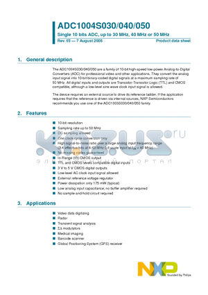 ADC1004S030 datasheet - Single 10 bits ADC, up to 30 MHz, 40 MHz or 50 MHz