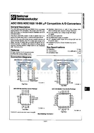 ADC1005BCJ-1 datasheet - 10-BIT uP COMPATIBLE A/D CONVERTERS