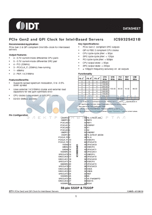 932S421BGLFT datasheet - PCIe Gen2 and QPI Clock for Intel-Based Servers