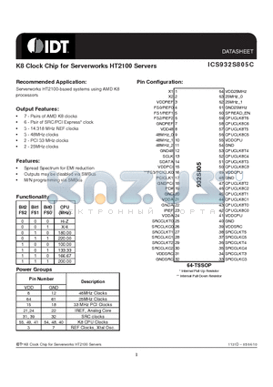 932S805CGLF datasheet - K8 Clock Chip for Serverworks HT2100 Servers