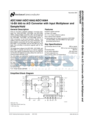 ADC10062 datasheet - 10-Bit 600 ns A/D Converter with Input Multiplexer and Sample/Hold