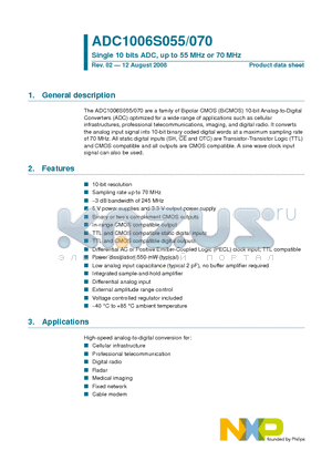 ADC1006S070 datasheet - Single 10 bits ADC, up to 55 MHz or 70 MHz