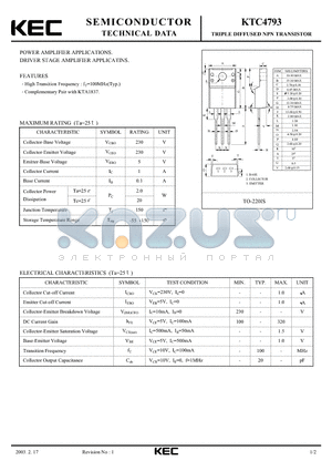 KTC4793 datasheet - TRIPLE DIFFUSED NPN TRANSISTOR(POWER AMPLIFIER DRIVER STAGE AMPLIFIER)