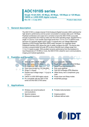 ADC1010S datasheet - Single 10-bit ADC; 65 Msps, 80 Msps, 105 Msps or 125 Msps; CMOS or LVDS DDR digital outputs