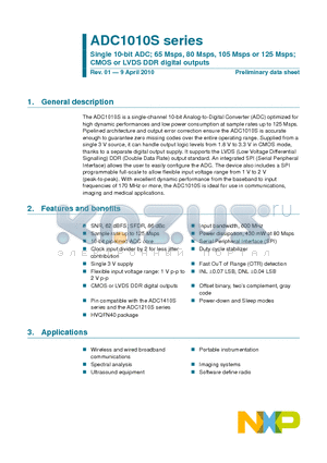 ADC1010S065HN/C1 datasheet - Single 10-bit ADC; 65 Msps, 80 Msps, 105 Msps or 125 Msps; CMOS or LVDS DDR digital outputs