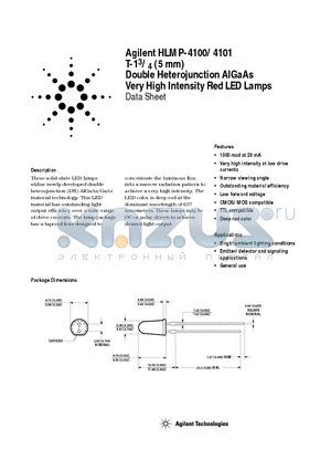 HLMP-4100-YU000 datasheet - T-1 3/4 (5 mm) Double Heterojunction AlGaAs Very High Intensity Red LED Lamps