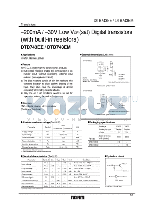 DTB743EM datasheet - -200mA / -30V Low VCE (sat) Digital transistors (with built-in resistors)