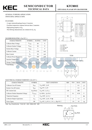 KTC801E datasheet - EPITAXIAL PLANAR NPN TRANSISTOR (GENERAL PURPOSE, SWITCHING)