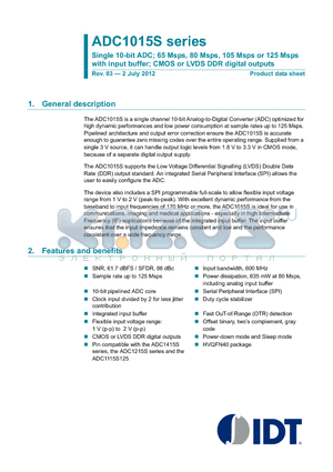 ADC1015S125HN-C1 datasheet - Single 10-bit ADC; 65 Msps, 80 Msps, 105 Msps or 125 Msps with input buffer; CMOS or LVDS DDR digital outputs