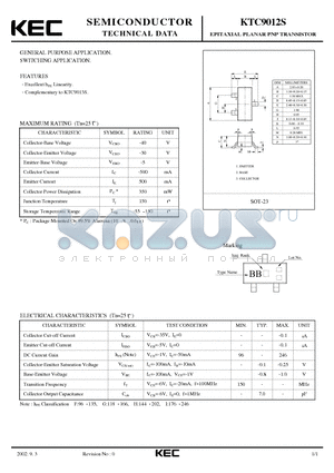 KTC9012S datasheet - EPITAXIAL PLANAR PNP TRANSISTOR GENERAL PURPOSE SWITCHING APPLICATION